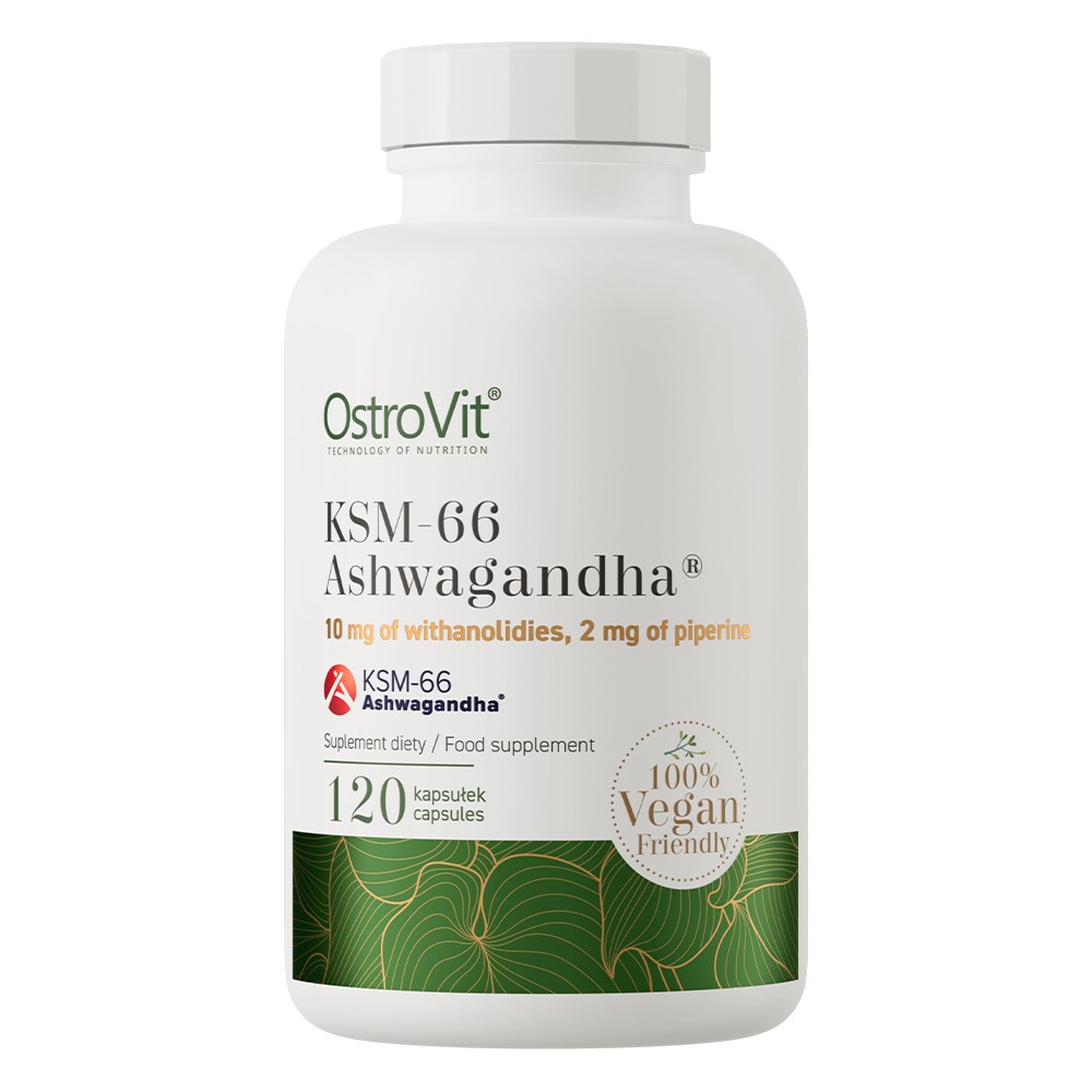 OstroVit KSM-66 Ashwagandha 120 vegan capsules, a food supplement with 10 mg withanolides and 2 mg piperine, suitable for vegans.