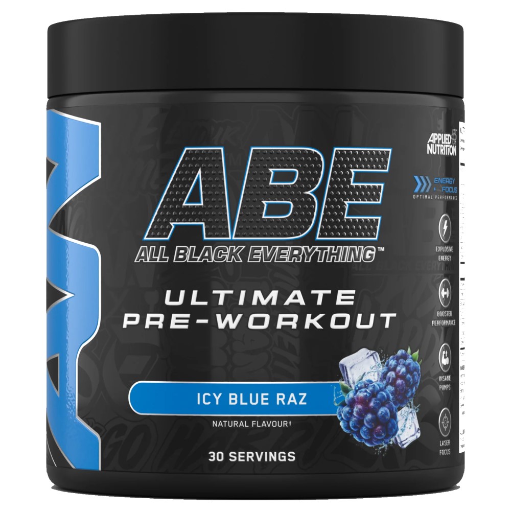 Applied Nutrition ABE Ultimate Pre-Workout Icy Blue Raz is a pre-workout supplement with 30 servings, featuring a blue raspberry flavour and black-blue packaging.