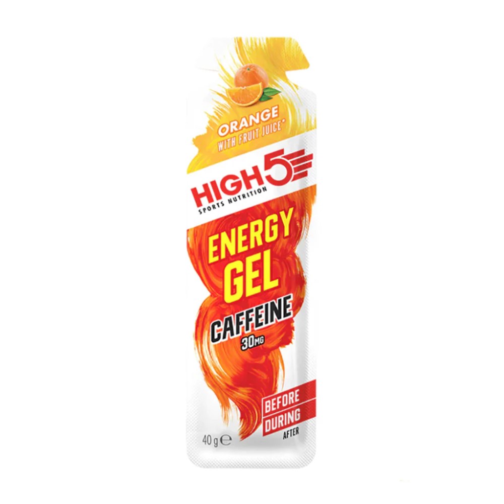 High5 Energy Gel Caffeine 40g orange flavour sports nutrition gel with 30mg caffeine, designed for use before or during exercise, in a white and orange sachet.