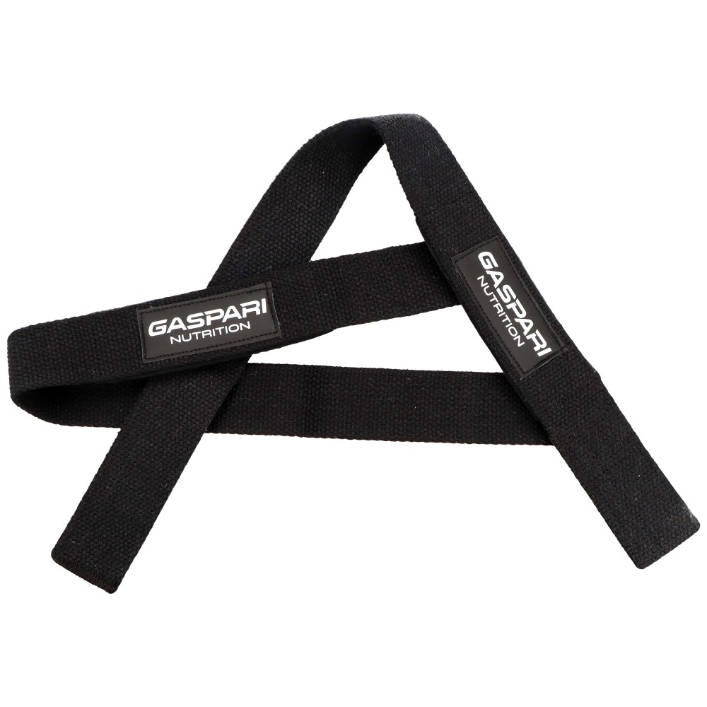 Gaspari Nutrition Lifting Straps, a pair of black cotton lifting straps designed for weightlifting and gym training, featuring the Gaspari Nutrition logo on each strap.