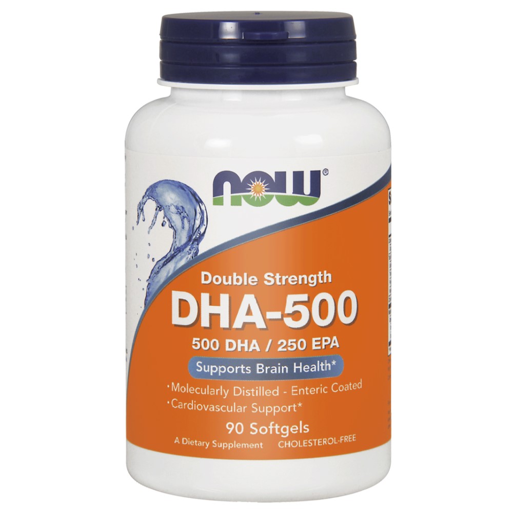 NOW Foods DHA 500 EPA 250 90 Softgels bottle with blue and orange label, containing omega-3 fish oil capsules