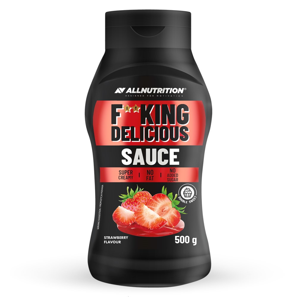 Allnutrition Fitking Delicious Sauce strawberry flavour, 500g bottle, no fat, no added sugar, super creamy, black and red packaging with strawberry image.