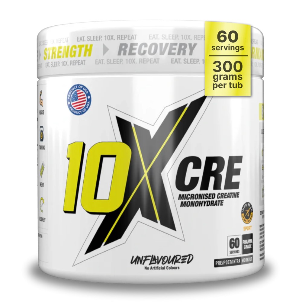 10X Creatine 300g Unflavoured by 10X Athletic, a white powder supplement in a labelled plastic tub container
