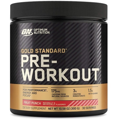 Optimum Nutrition Gold Standard Pre-Workout Fruit Punch is a 300g dietary supplement with 30 servings, designed to support energy and focus before workouts.