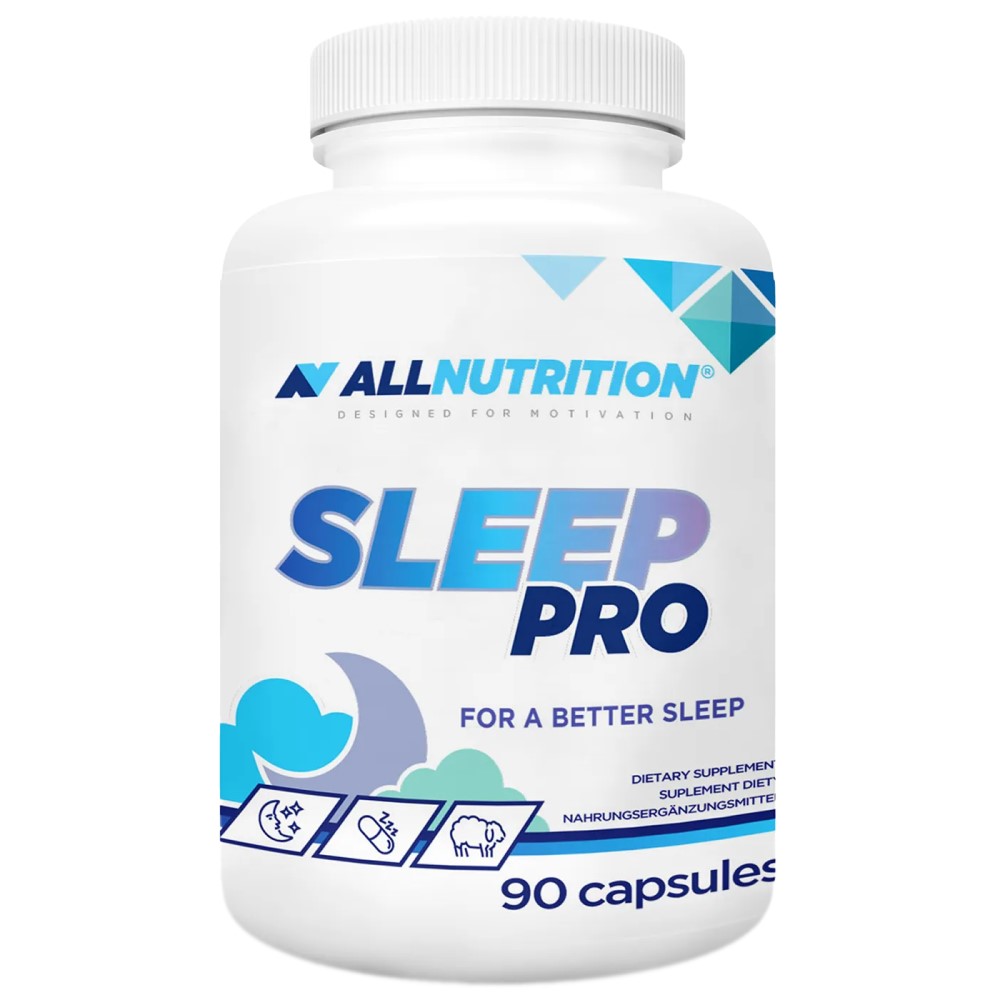Allnutrition Sleep Pro dietary supplement, 90 capsules, designed to support better sleep, in a white bottle with blue and purple accents.