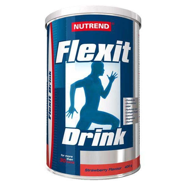 Nutrend Flexit Drink 400g strawberry flavour joint support supplement powder, featuring ingredients like chondroitin, glucosamine, MSM, hyaluronic acid, and collagen, in a blue and white canister.