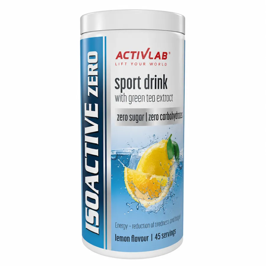 ActivLab Iso Active Zero 225g lemon flavour electrolyte sport drink powder with green tea extract, zero sugar, and zero carbohydrates, designed for hydration and energy support.