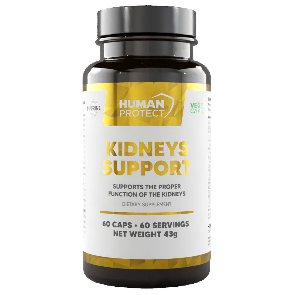 Human Protect Kidneys Support dietary supplement, 60 capsules, designed to support proper kidney function, in a white and yellow bottle.