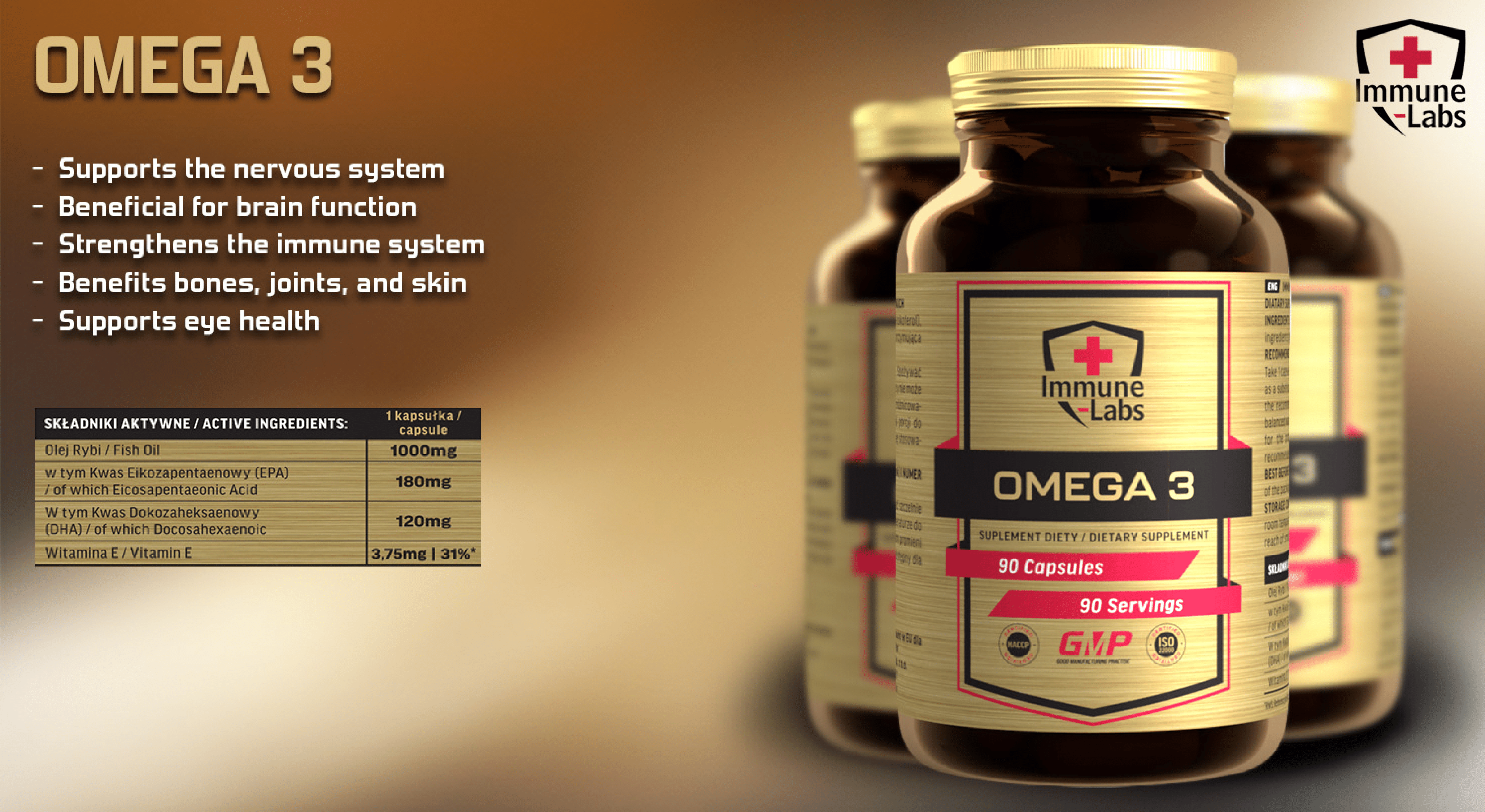 Immune Labs Omega 3 dietary supplement, 90 capsules, containing fish oil with EPA and DHA, vitamin E, in a brown bottle with gold and black label.