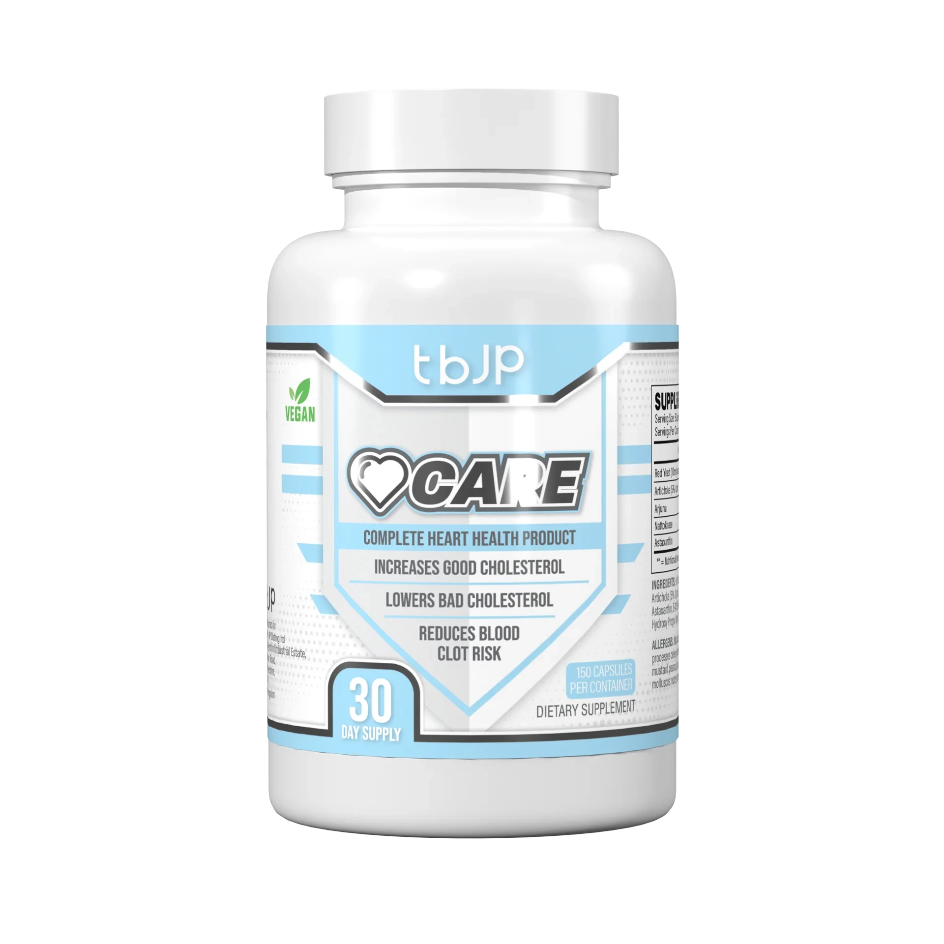 Trained by JP Nutrition Heart Care 90 Caps dietary supplement for cardiovascular health, featuring a white bottle with blue accents and vegan label.
