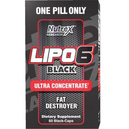 Nutrex Research Lipo 6 Black Ultra Concentrate fat destroyer dietary supplement, 60 black-caps, in a black and red box packaging.