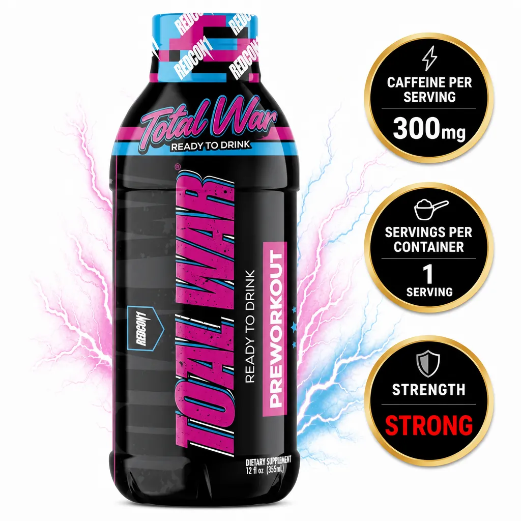 Redcon1 Total War RTD ready-to-drink pre-workout supplement in a 355ml black bottle with pink and blue branding