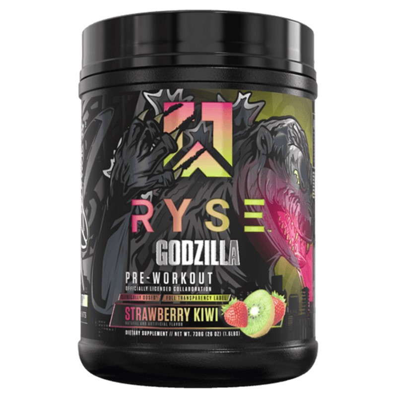 Ryse Godzilla Pre-Workout Strawberry Kiwi is a dietary supplement pre-workout powder featuring a Godzilla-themed label, 40 servings, and a strawberry kiwi flavor.