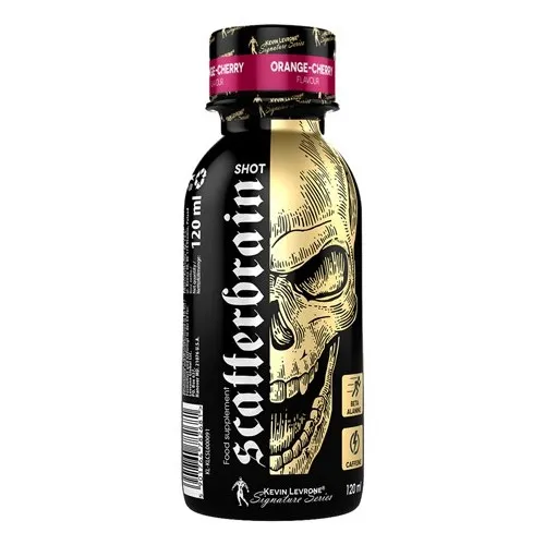 Kevin Levrone Scatterbrain Shot 120ml orange-cherry flavour energy supplement in a black bottle with gold skull design.