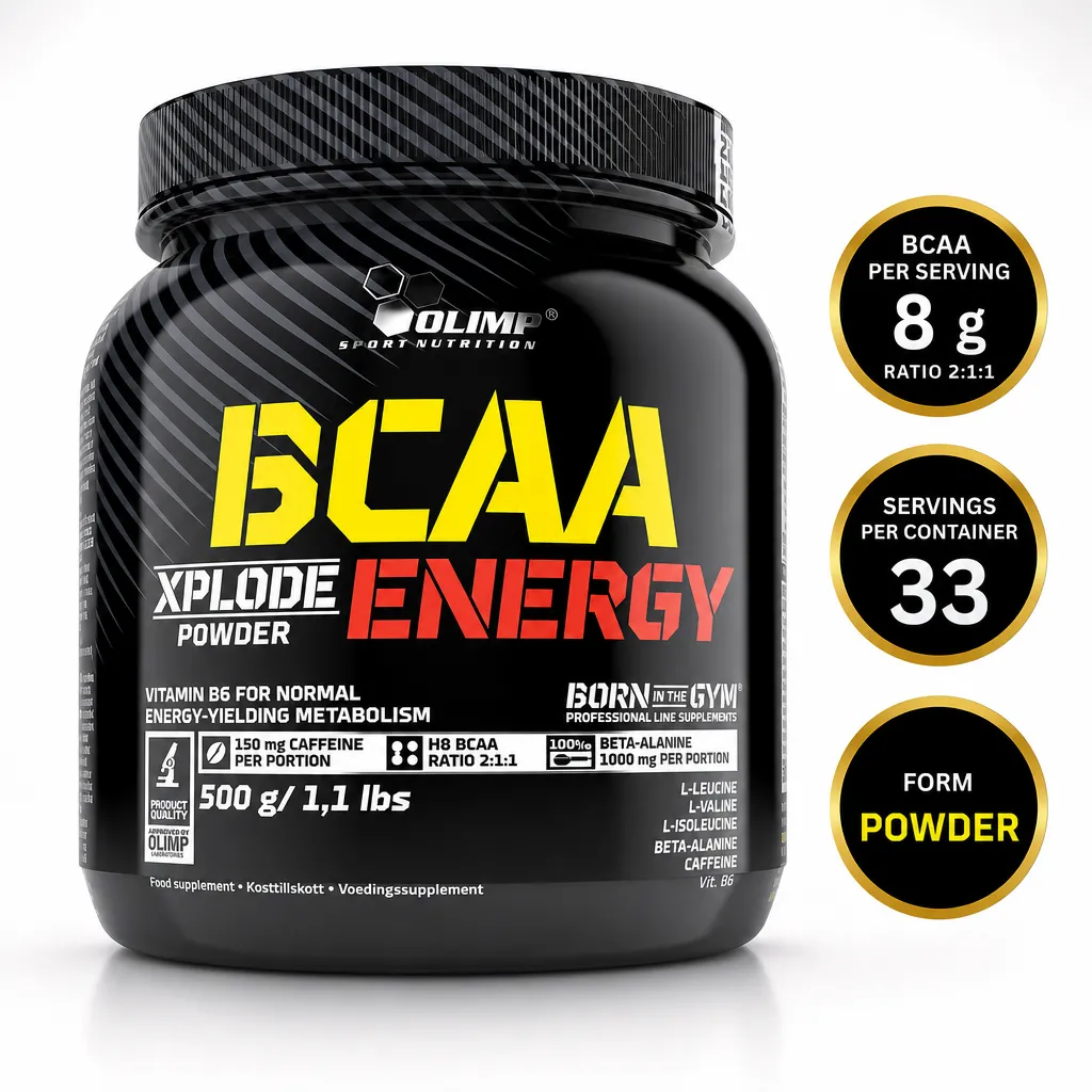 Olimp BCAA Xplode Energy 500g powdered amino acid supplement with caffeine, beta-alanine and vitamin B6 in a black tub