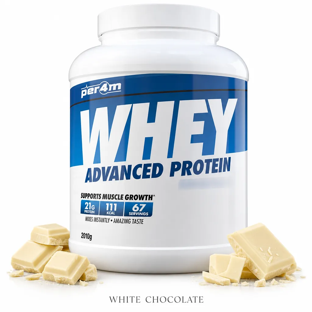 Per4m Whey Advanced Protein 2010g white chocolate flavour protein powder, featuring a high-protein blend for muscle growth and recovery, in a large white and blue tub.