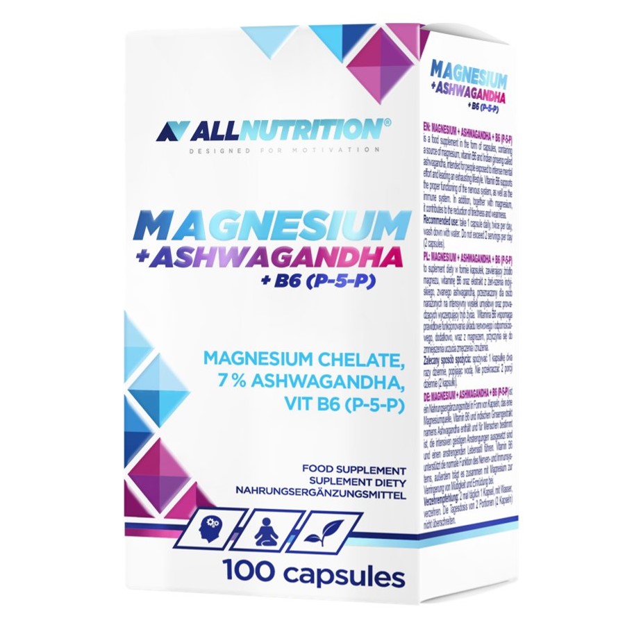 Allnutrition Magnesium + Ashwagandha + B6 (P-5-P) food supplement, 100 capsules, with magnesium chelate, 7% ashwagandha, and vitamin B6, in a white and geometric blue-purple box.