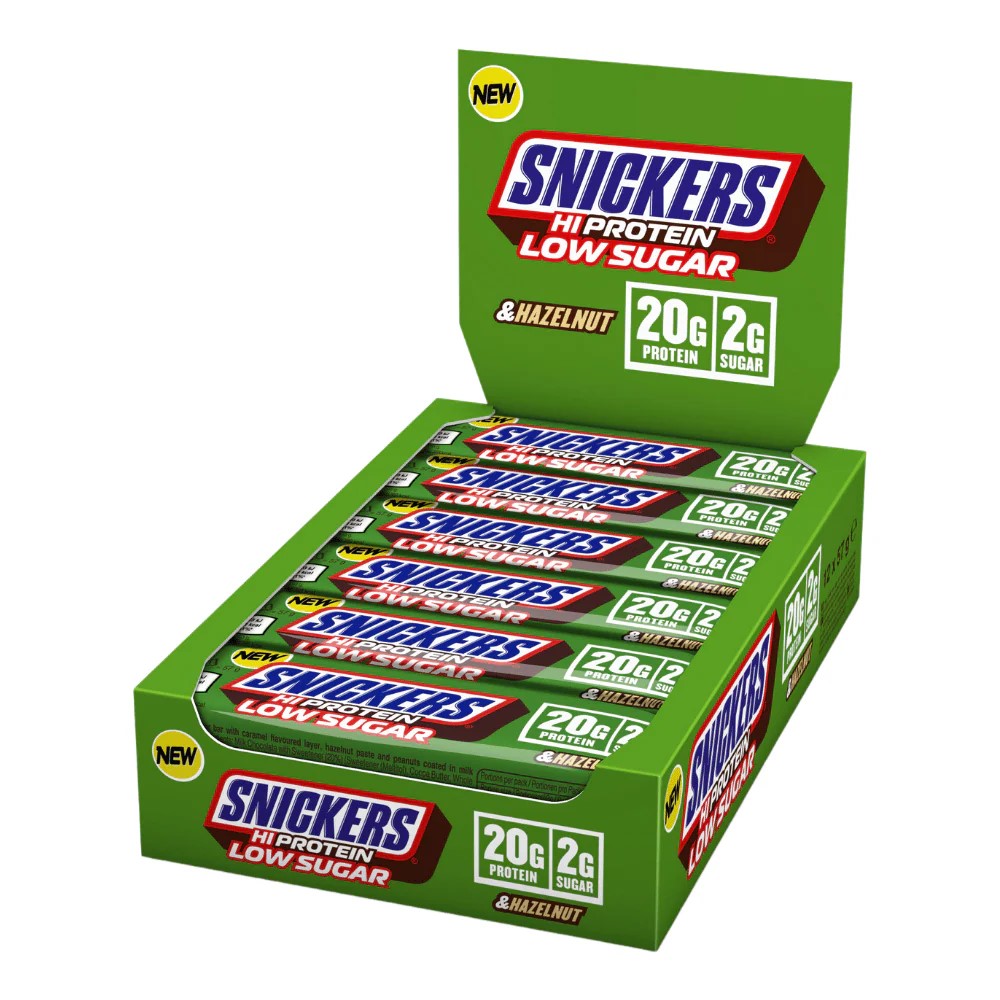 Snickers Hi-Protein Low Sugar Hazelnut Bar 57g x12, individually wrapped bars in branded packaging, Mars & Snickers