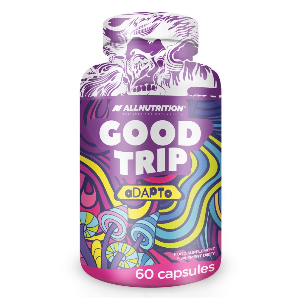 Allnutrition Good Trip adaptogen supplement, 60 capsules, with a colorful psychedelic label design. Dietary supplement for mood and stress support.