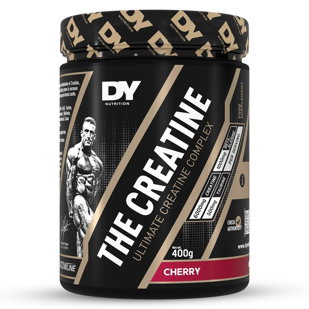 DY Nutrition The Creatine 400g cherry-flavour ultimate creatine complex supplement with 6000mg creatine and 500mg taurine per serving, black and gold packaging.