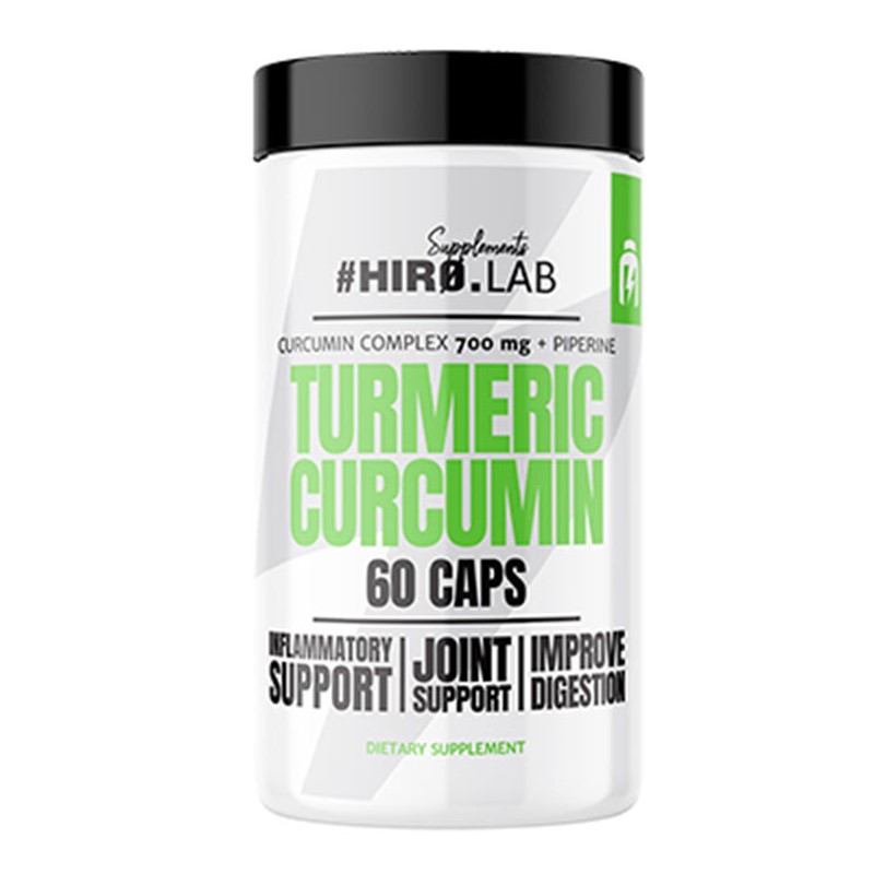 Hiro Lab Turmeric Curcumin 60 Caps dietary supplement with curcumin complex and piperine, designed for inflammatory and joint support and to improve digestion. White bottle with green and black text.
