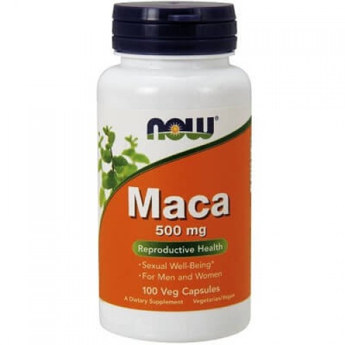 NOW Maca 500mg 100 Veg Capsules dietary supplement for reproductive health, suitable for men and women, in a white bottle with orange and green label.