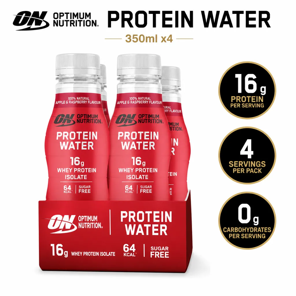 Optimum Nutrition Protein Water 350ml x4, apple and raspberry flavoured whey protein isolate drink in red bottles