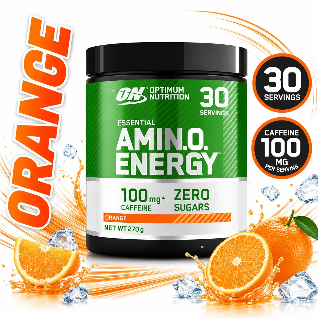 Optimum Nutrition Essential Amino Energy amino acid powder, orange flavour, 30 servings, 270 g tub with 100 mg caffeine