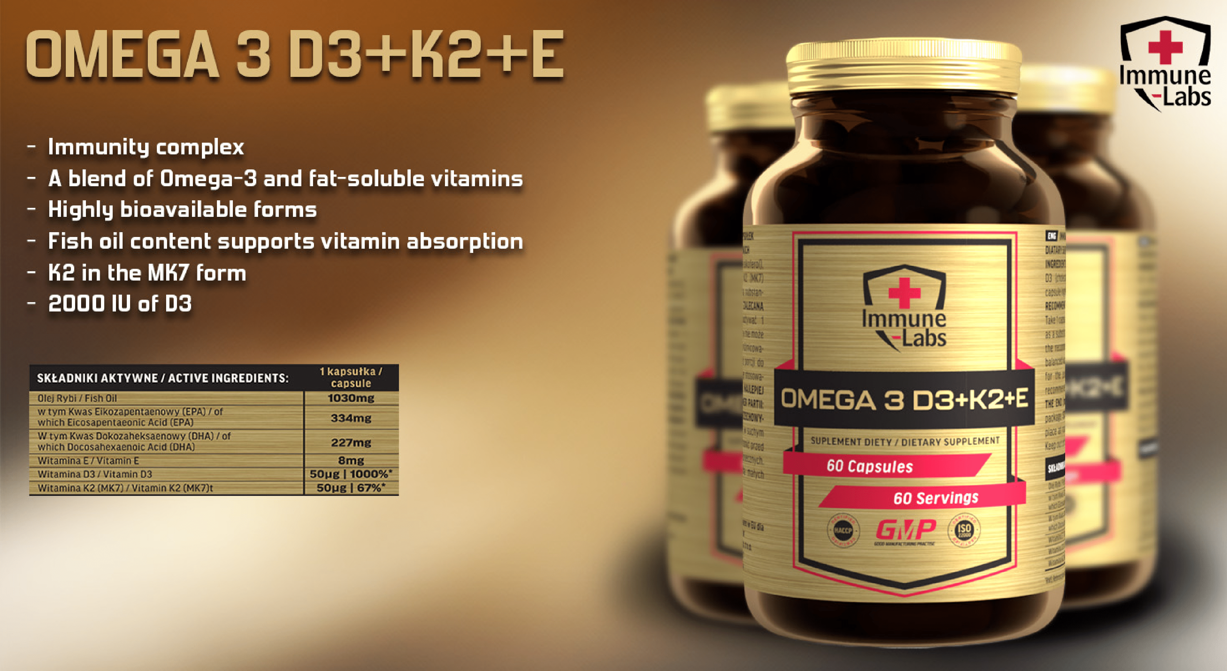 Immune Labs Omega 3 D3+K2+E dietary supplement, 60 capsules, combining omega-3 fish oil with vitamins D3, K2 (MK7), and E for immunity support. Gold label bottle.