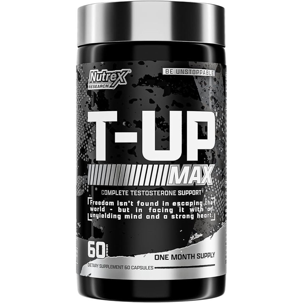 Nutrex Research T-Up Max testosterone support supplement, 60 capsules, black and silver bottle, designed for complete testosterone support.