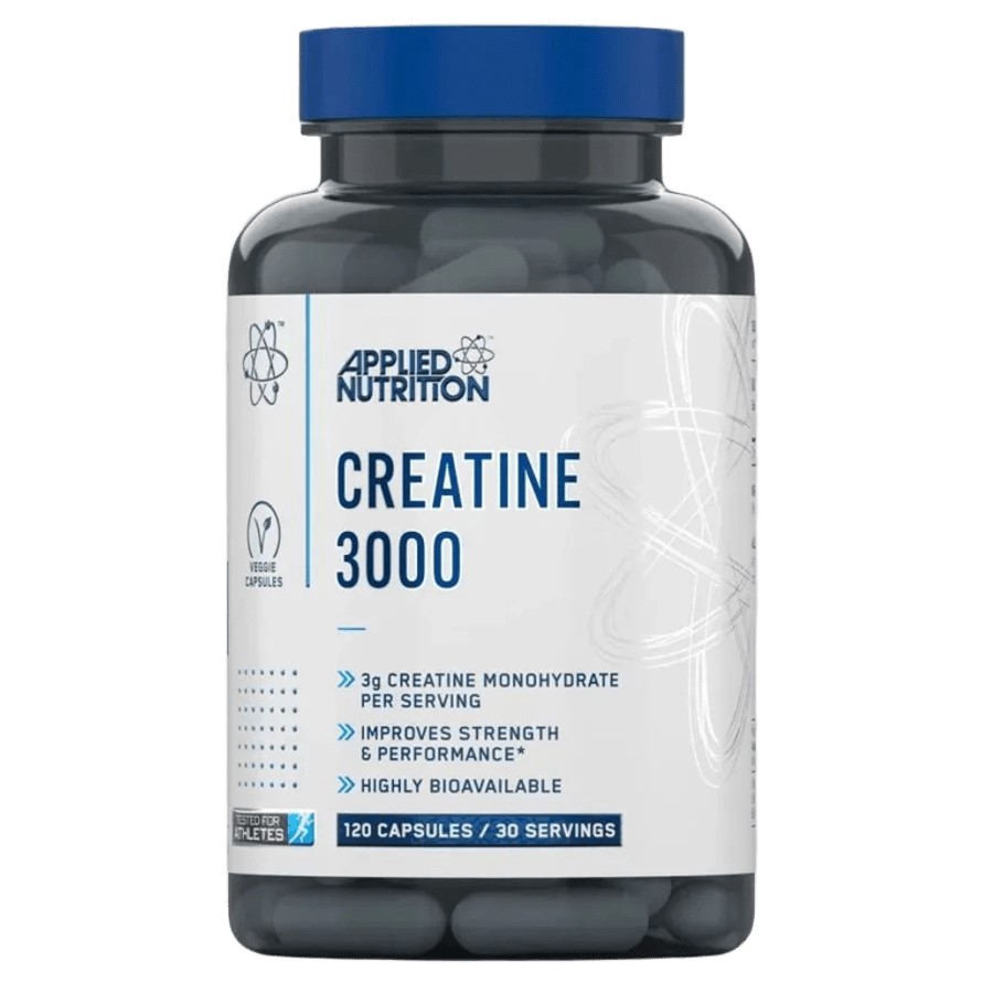 Applied Nutrition Creatine 3000 120 capsules, a creatine monohydrate supplement in veggie capsule form, designed to improve strength and performance.
