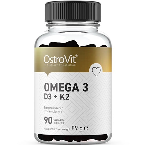 OstroVit Omega 3 D3 + K2 food supplement with 90 capsules, combining omega-3 fatty acids with vitamins D3 and K2, in a clear bottle with a gold and white label.
