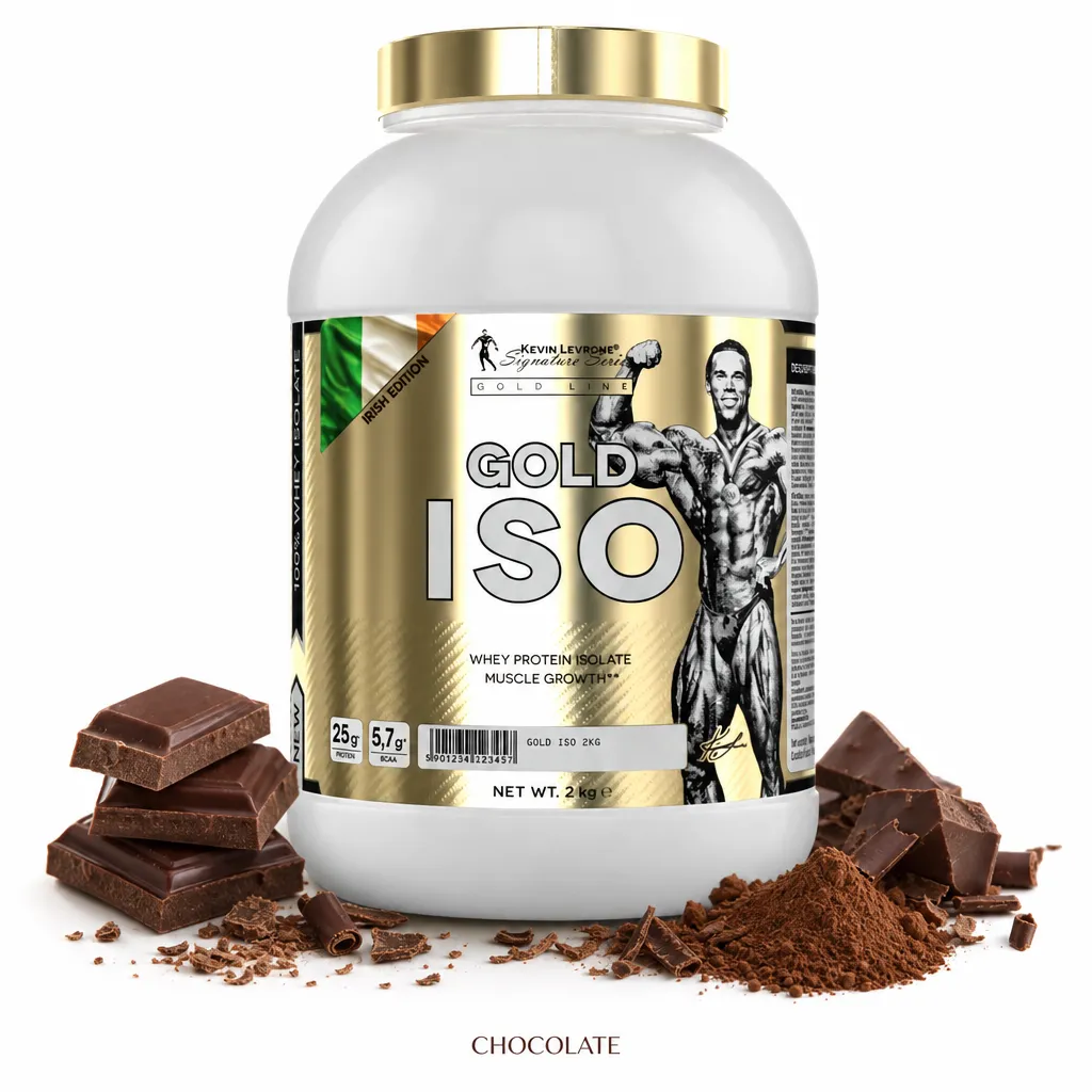 Kevin Levrone Gold Iso 2000g Limited Irish Edition chocolate whey protein isolate, 2kg tub, premium protein supplement for muscle growth and recovery.