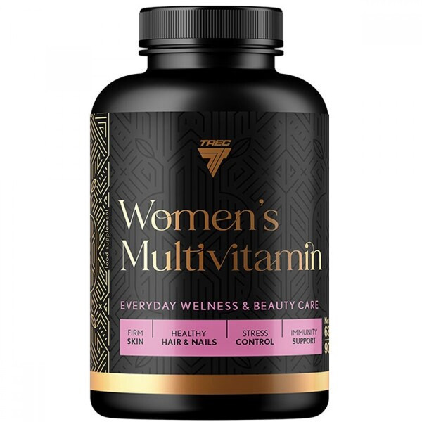 Trec Women's Multivitamin supplement for everyday wellness and beauty care, supporting firm skin, healthy hair and nails, stress control, and immunity, in a black and gold bottle.