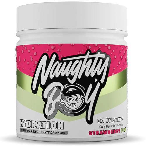 Naughty Boy Hydration 30 Servings strawberry kiwi flavour hydration and electrolyte drink mix supplement in a white tub with pink and green label.
