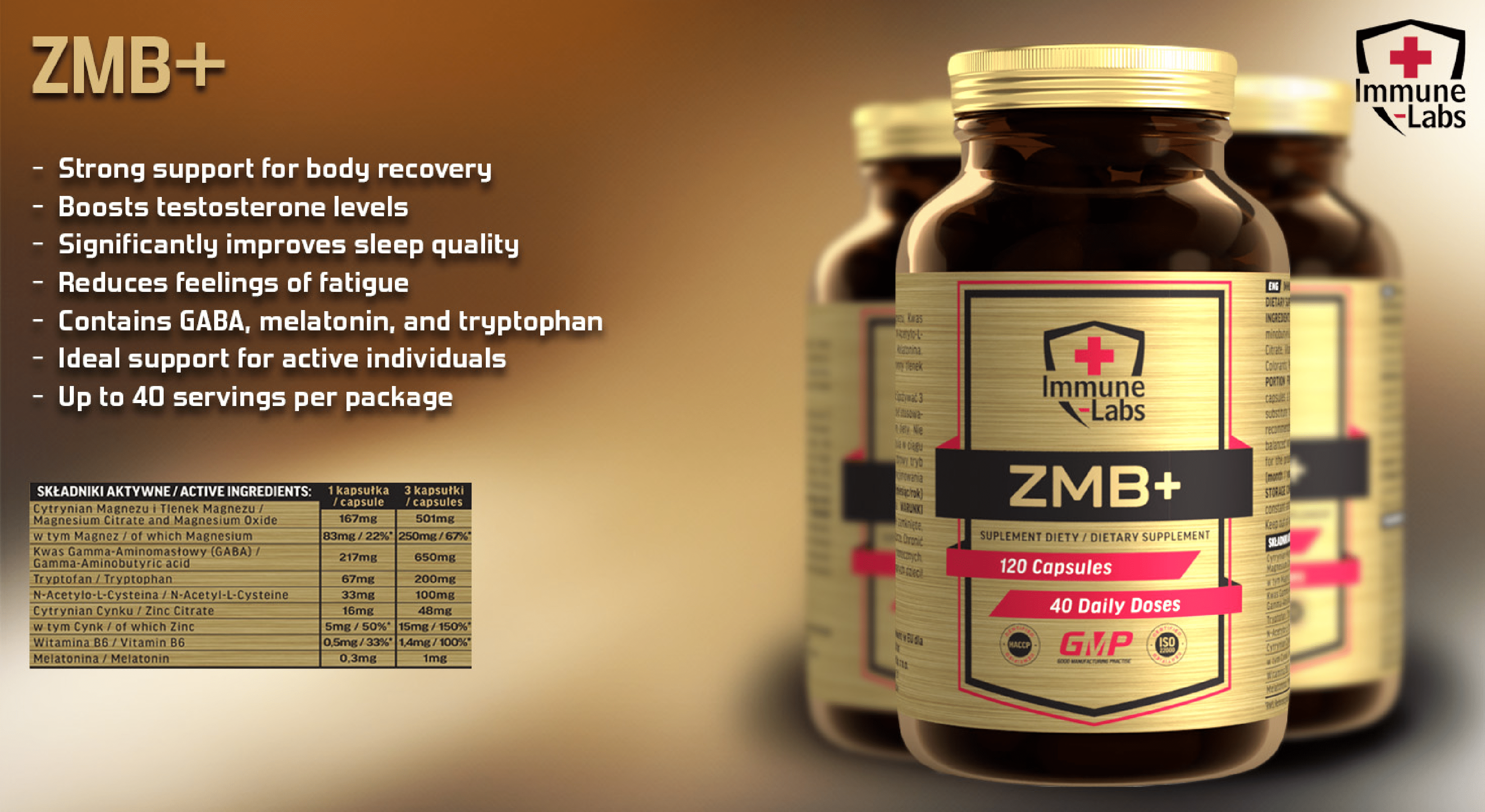 Immune Labs ZMB+ dietary supplement, 120 capsules per bottle, formulated with magnesium, zinc, GABA, melatonin, and tryptophan for body recovery and sleep support. Gold label with red and black accents.
