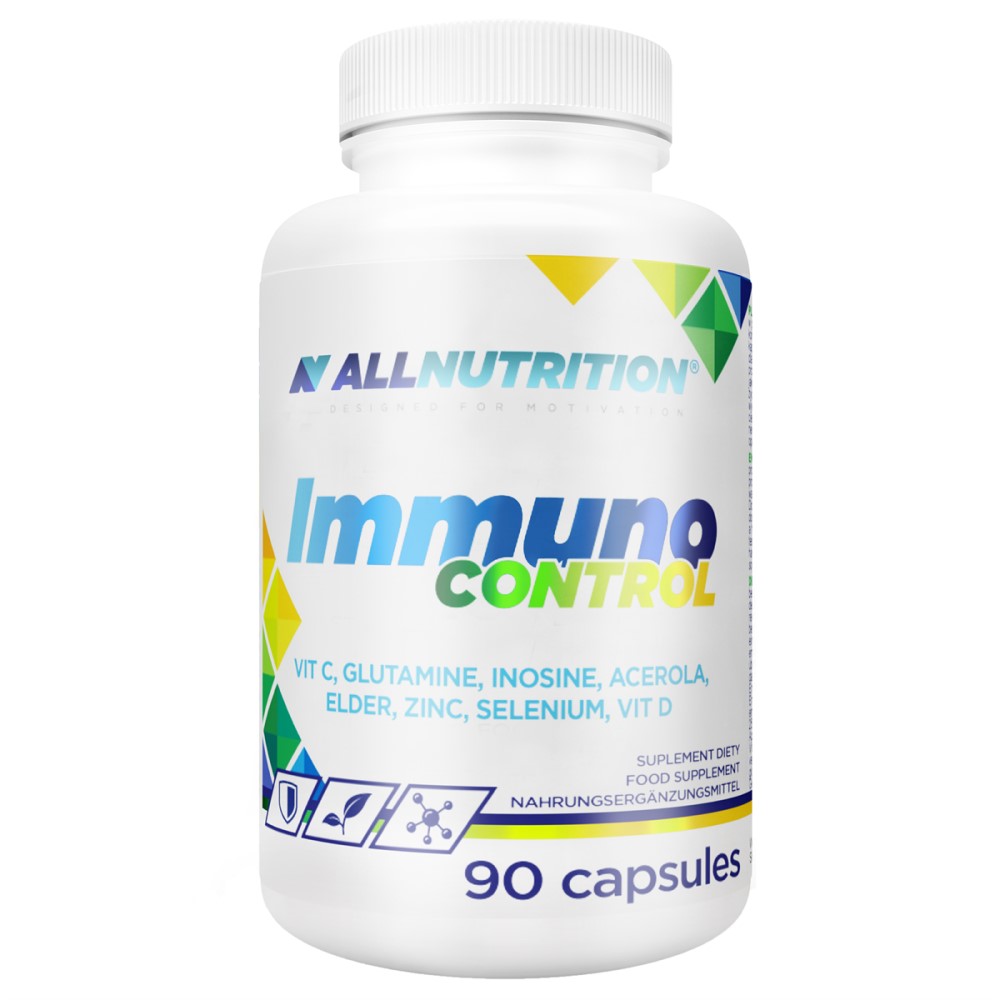 Allnutrition Immuno Control 90 capsules dietary supplement with vitamin C, glutamine, inosine, acerola, elder, zinc, selenium, and vitamin D, in a white bottle with colorful geometric accents.