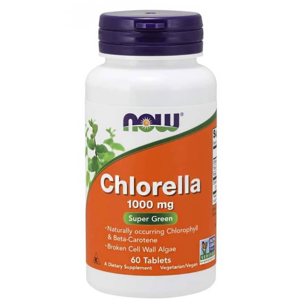 NOW Chlorella 1000 mg tablets dietary supplement, 60-count bottle, vegan and non-GMO, supports natural chlorophyll and beta-carotene intake.