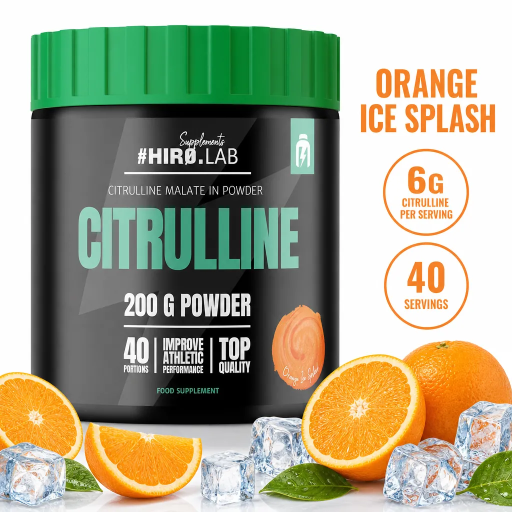 Hiro Lab Citrulline 200g orange ice splash citrulline malate powder supplement with 40 servings, shown with oranges and ice cubes.