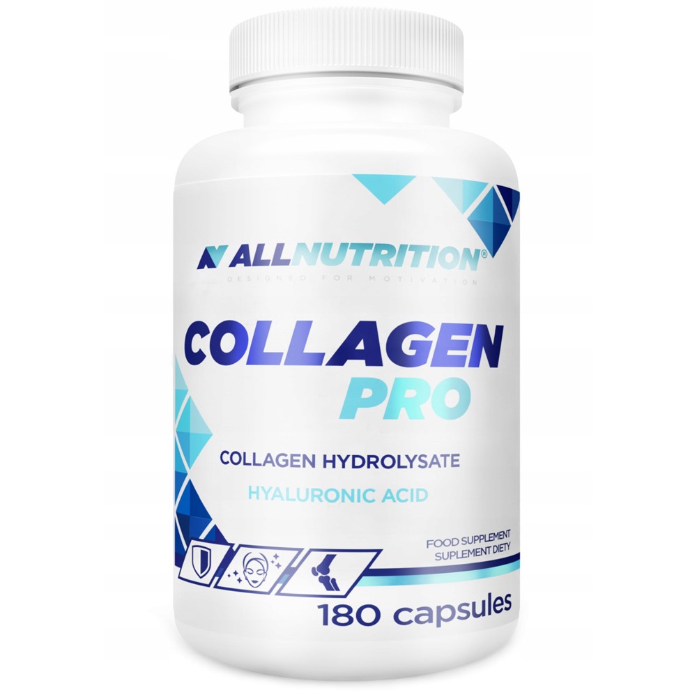 Allnutrition Collagen Pro 180 capsules collagen hydrolysate and hyaluronic acid supplement in a white bottle with blue geometric accents.