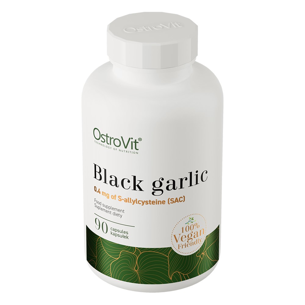 OstroVit Black Garlic 90 capsules vegan-friendly food supplement with 0.4 mg S-allylcysteine, in a white bottle with green and gold accents.