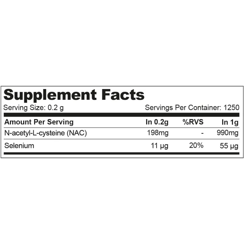 Open Hiro Lab NAC 250g jar showing fine white NAC powder with included measuring scoop