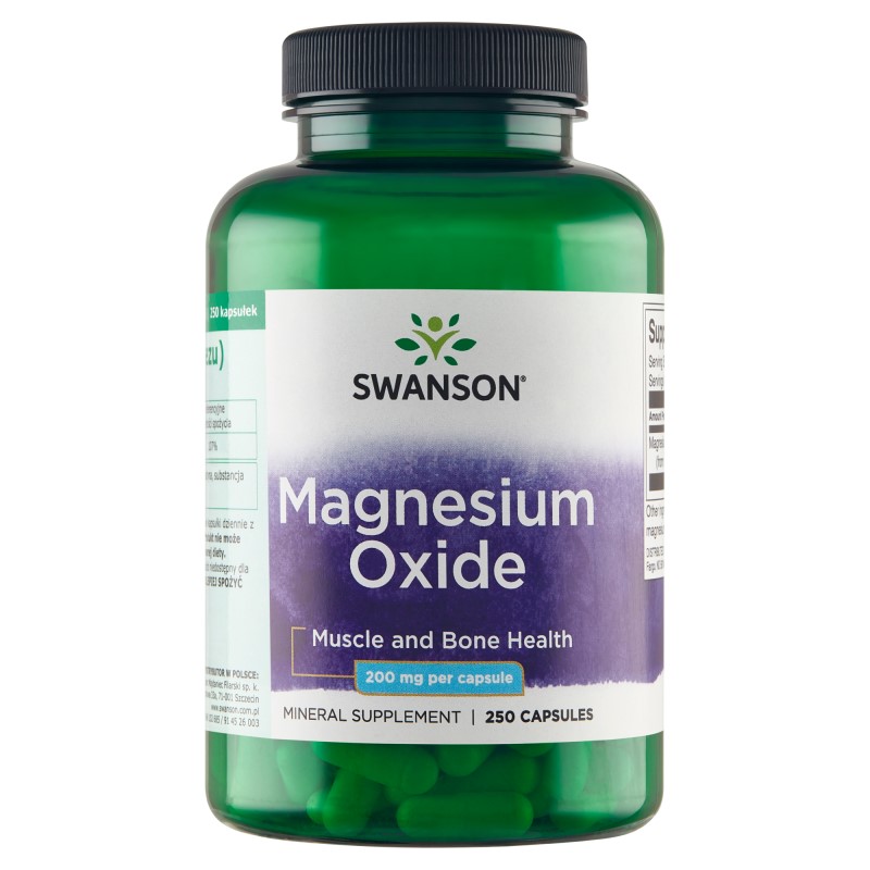 Swanson Magnesium Oxide 200 mg per capsule mineral supplement in a green bottle, 250 capsules, for muscle and bone health.
