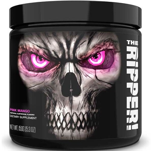 JNX Sports The Ripper! Pink Mango dietary supplement, 150g tub, featuring a striking skull design with pink eyes on the label. Pre-workout powder.