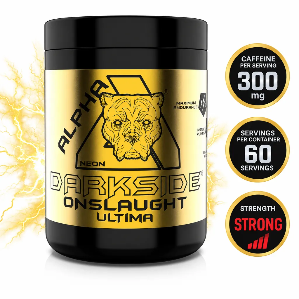Alpha Neon Darkside Onslaught Ultima pre-workout supplement, black and gold tub with 60 servings and 300 mg caffeine per serving