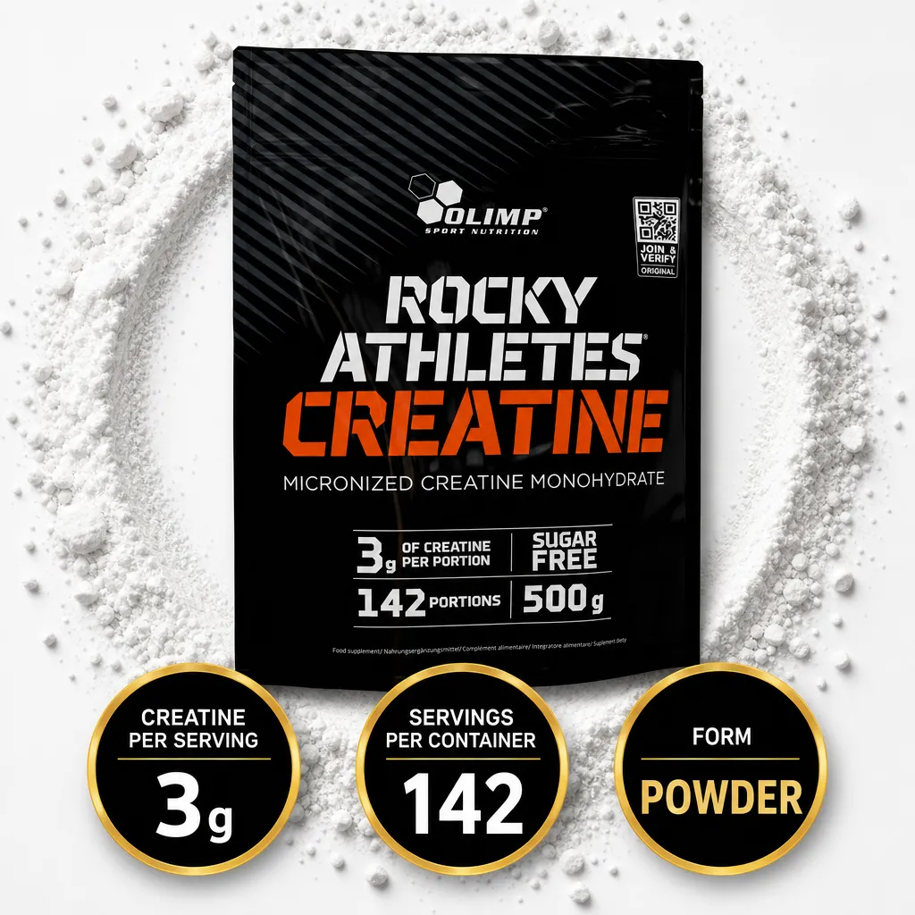 Olimp Rocky Athletes Creatine 500g micronized creatine monohydrate powder supplement in a black pouch
