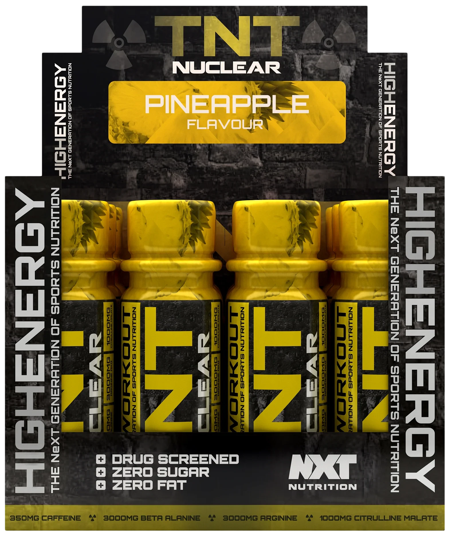 NXT Nutrition TNT Nuclear Shot Pineapple is a pre-workout supplement pack containing 12 x 60ml ready-to-drink shots, featuring zero sugar, zero fat, and high caffeine for energy.