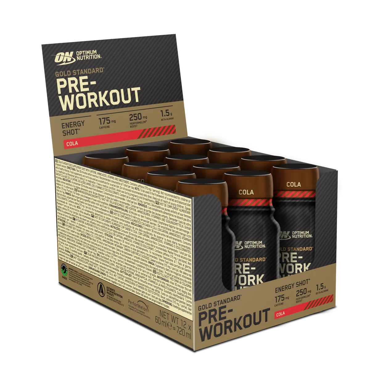 Optimum Nutrition Gold Standard Pre-Workout Energy Shot Cola 60ml x12, a ready-to-drink pre-workout supplement with 175mg caffeine, 1.5g beta-alanine, and 250mg PerforMelon Boost, in a convenient 12-pack display.