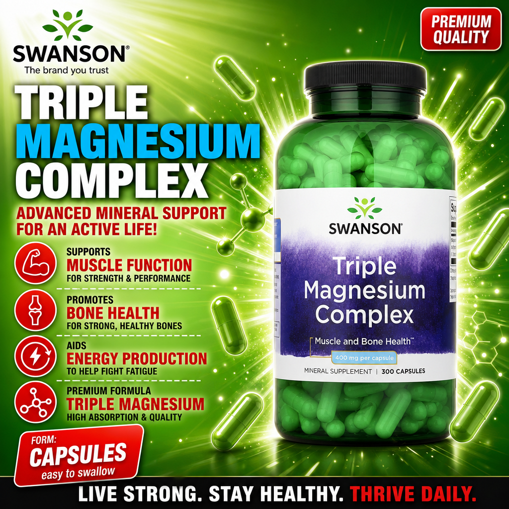 Swanson Triple Magnesium Complex 400mg 300 capsules, a mineral supplement for muscle and bone health, featuring high absorption triple magnesium formula in green capsules.