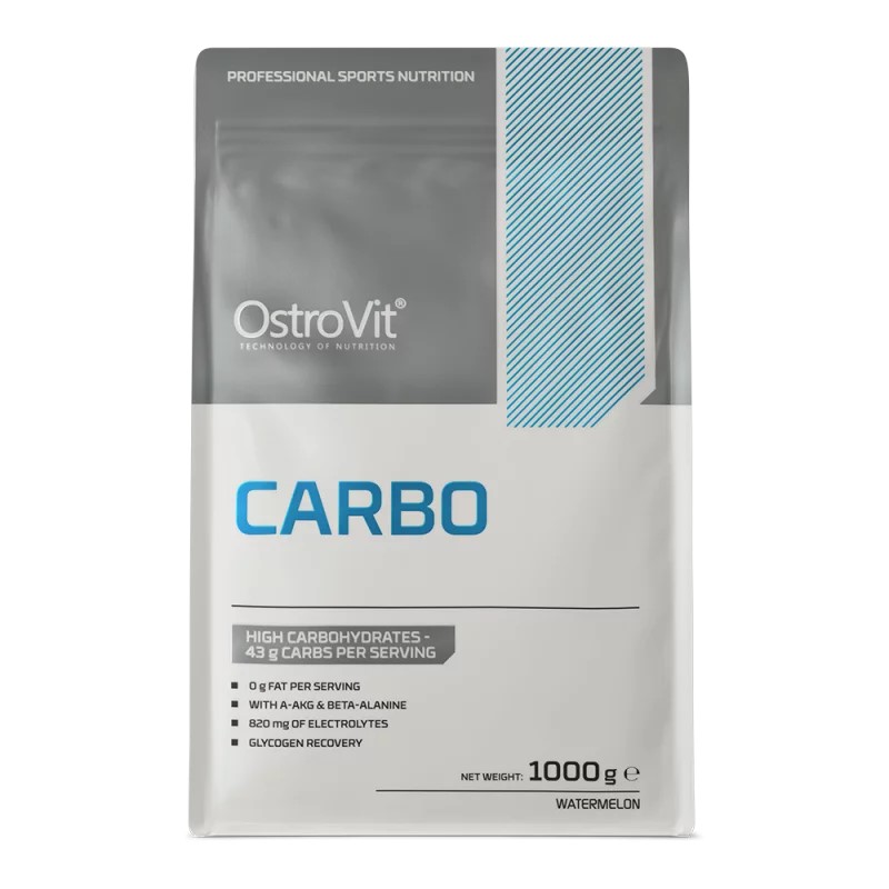 OstroVit Carbo 1000g watermelon flavour high-carbohydrate supplement with electrolytes, designed for glycogen recovery and sports nutrition.